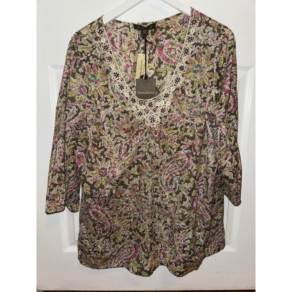 NEW Tommy Bahama Women's Paisley Print Cotton Blouse Tunic Size L Long Sleeve